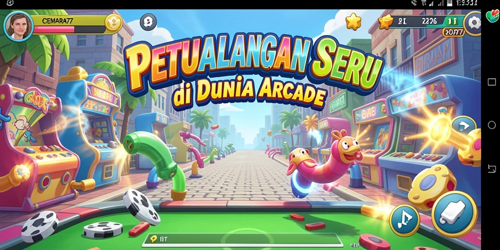 Antarmuka menarik dengan elemen permainan Arcade yang dinamis.