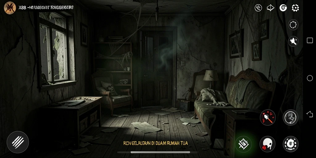 Tampilan antarmuka X88 yang menggugah ketegangan saat pemain menjelajahi rumah angker.